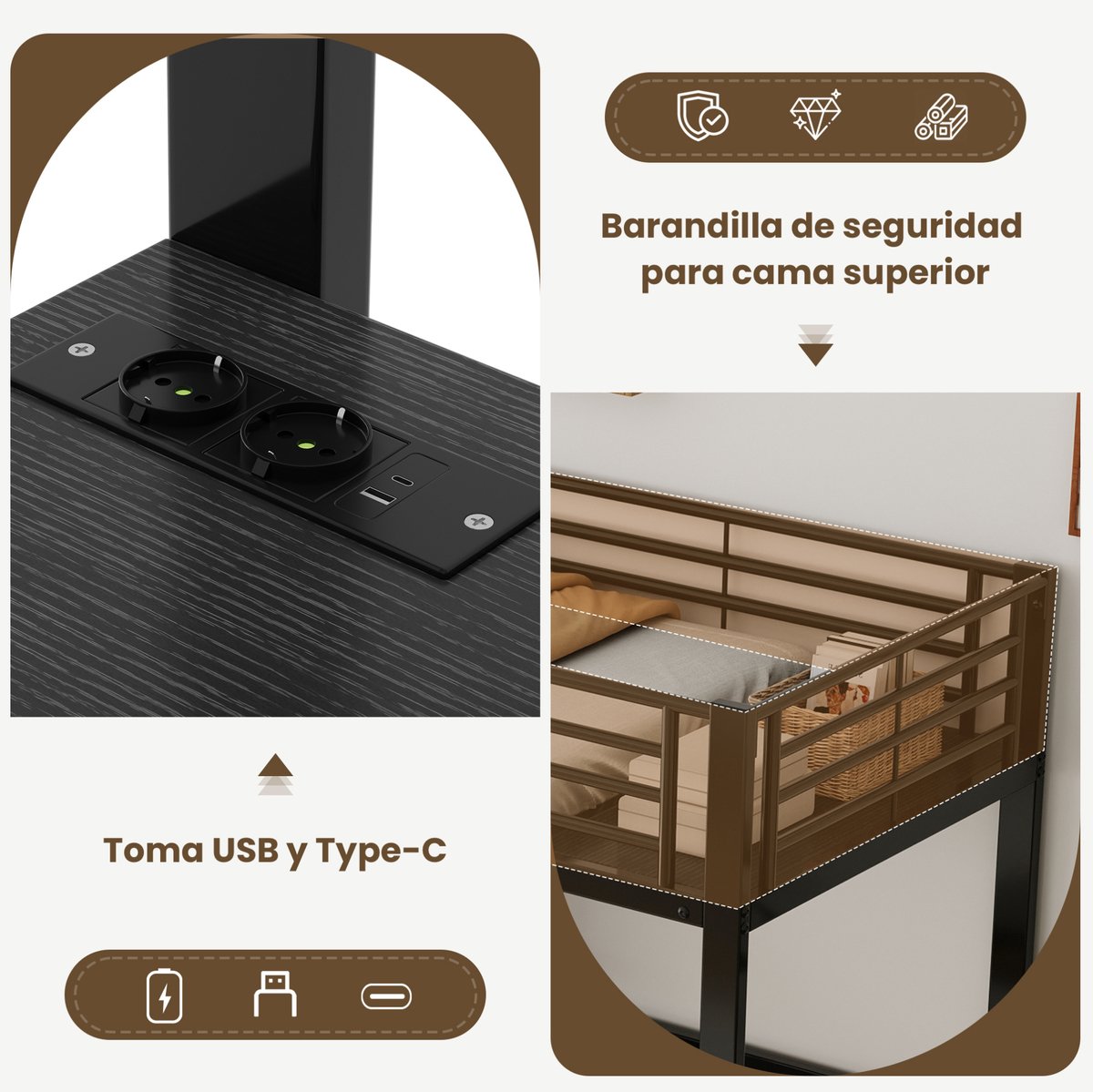 MIVRAY Stapelbed 90x200cm Zonder Matras Met Bureau En Opbergruimte Met USB En Type C Metalen MDF Zwart Voor Kinderkamer