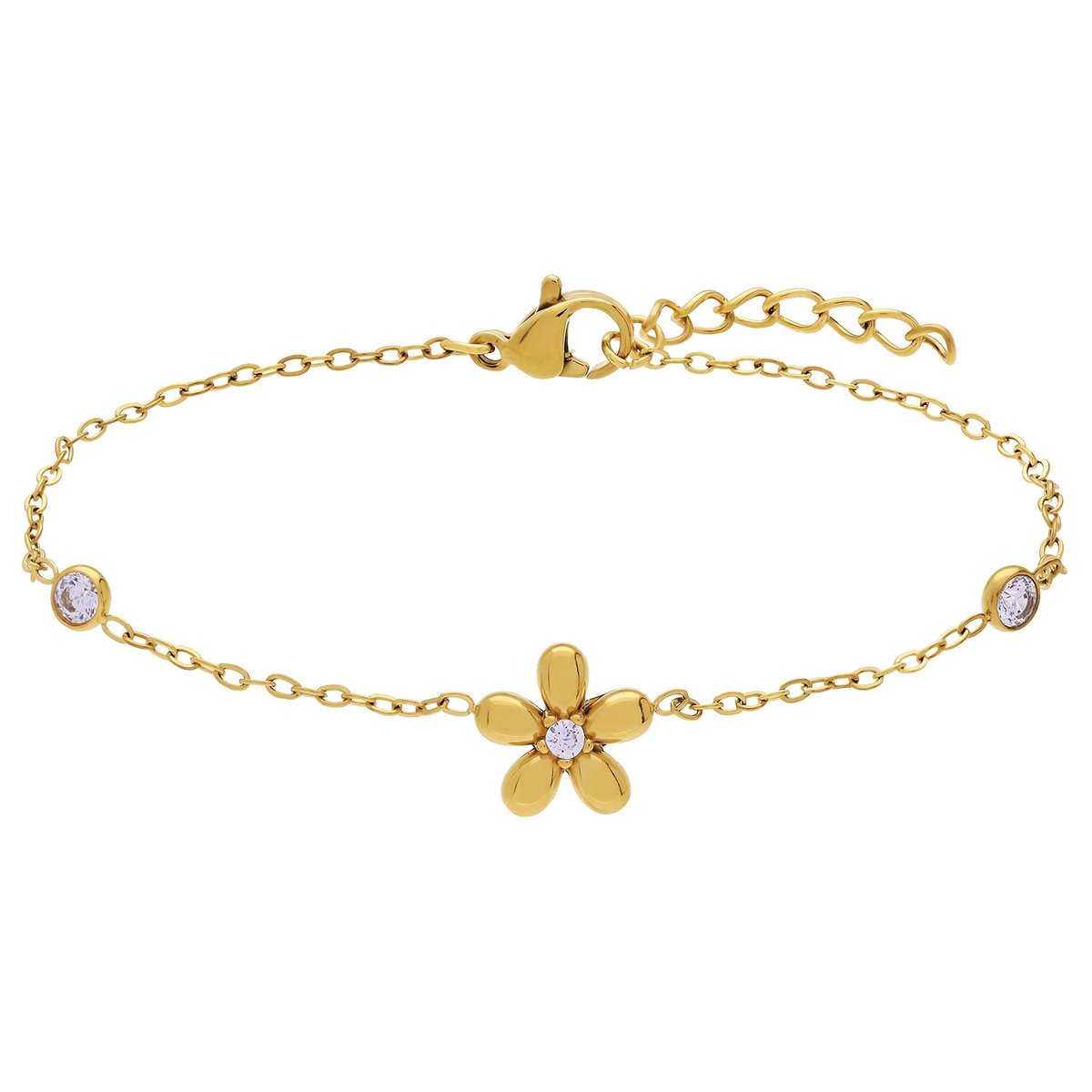 Lucardi - Dames Stainless steel armband bloem met zirkonia voor dames - Armband - Staal - Goudkleurig - 20 cm