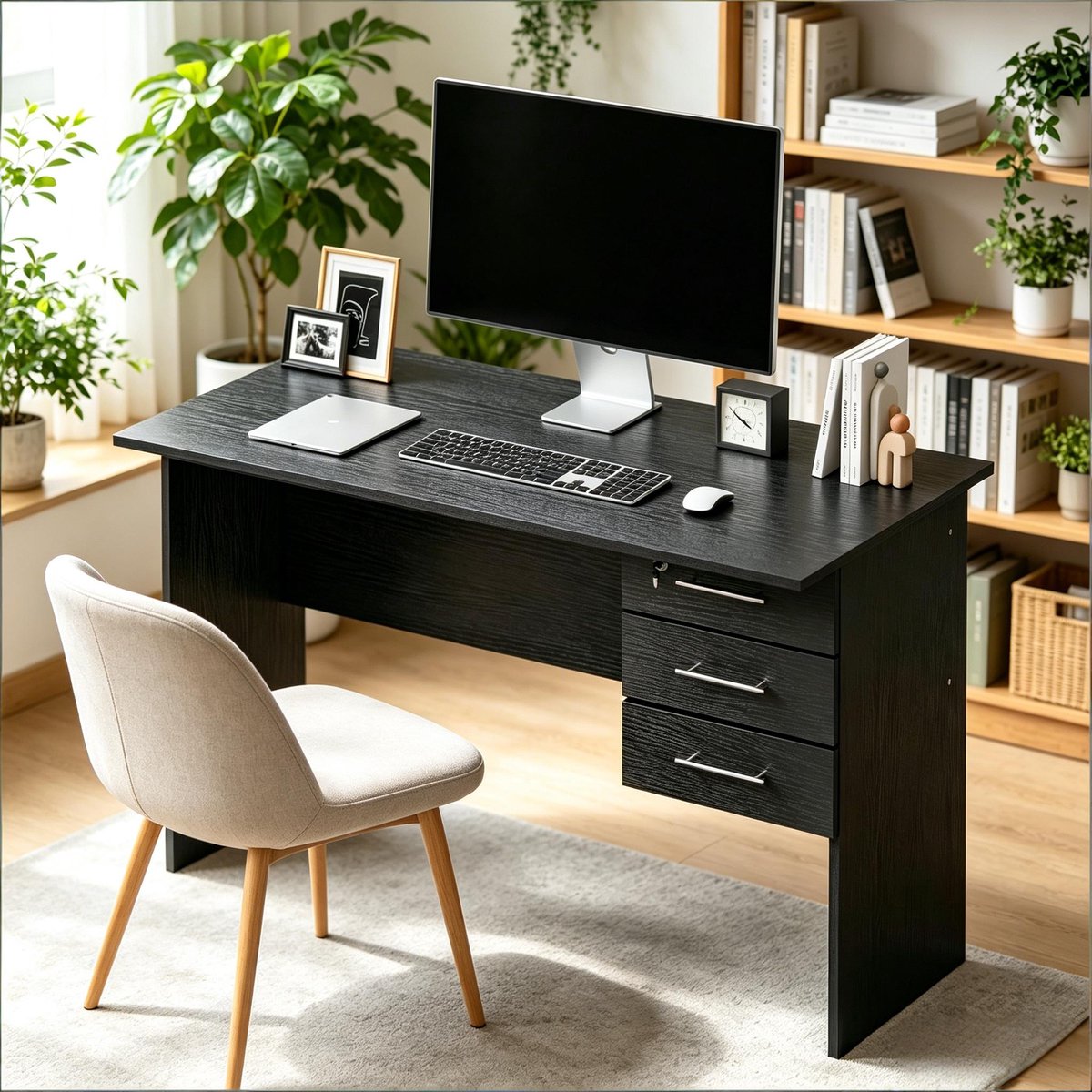 Bureau - met laden en opbergruimte en wielen - zwart - afmetingen 120 x 60 x 75 cm - materiaal hout - voor een praktische en georganiseerde werkplek