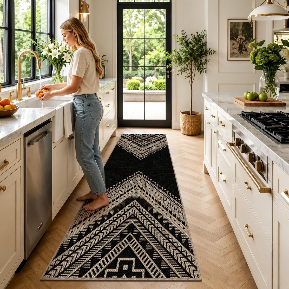 VSIWB Tapijtloper, voor hal, 80 x 200 cm, jute-look, keukentapijt, natuurlijk, wasbaar tapijt, zwart, boho - ShopVlot