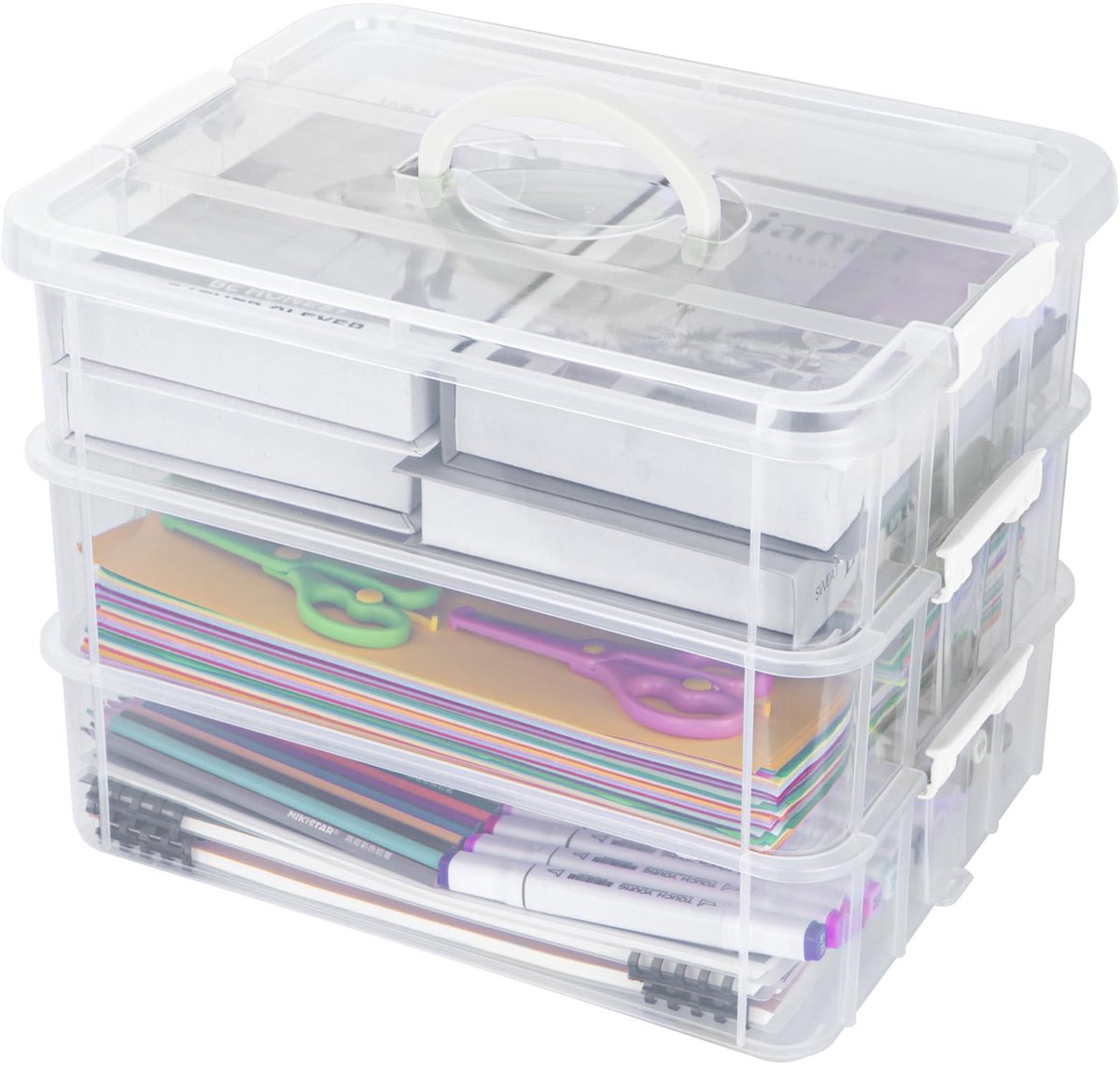 Famanu 3-laags plastic stapelbare opbergdozen met deksel en draaggreep Transparant