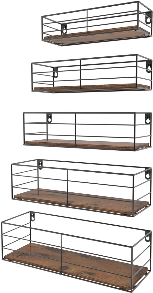 Famanu – Bruine zwevende wandplank set van 5, houten zweefplanken voor slaapkamer, keuken en badkamer