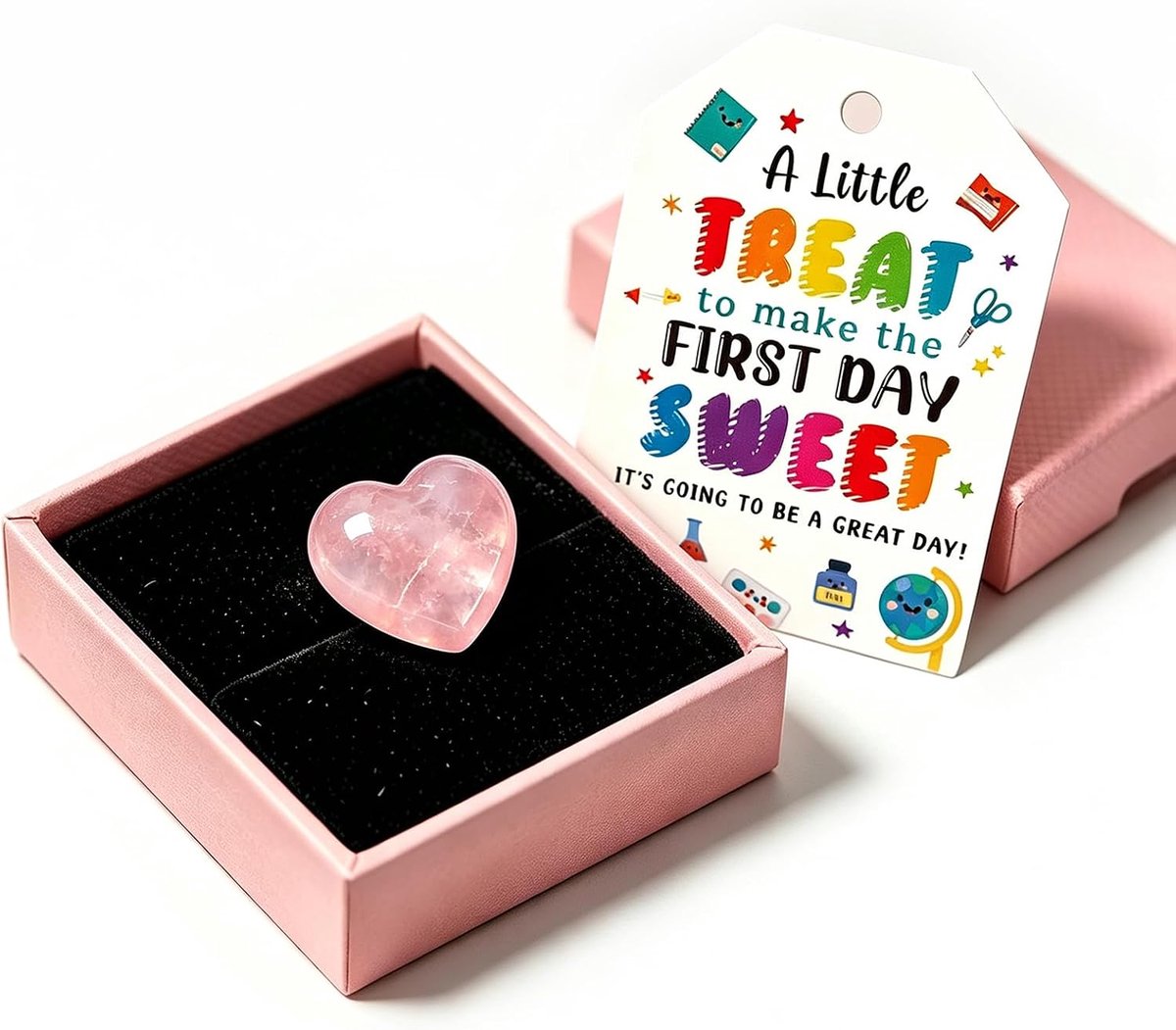 Set rozenkwarts - geschenkdoos met wenskaart - hartvormige steen - geluk voor de eerste schooldag - ShopVlot