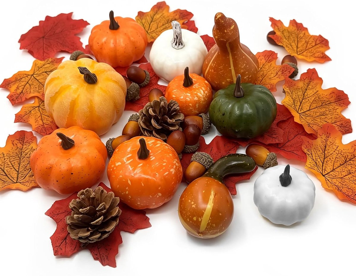 Herfstdecoratie pompoen set - 10 kunstmatige pompoenen - inclusief esdoornbladeren, eikels en dennenappels - m-winkel