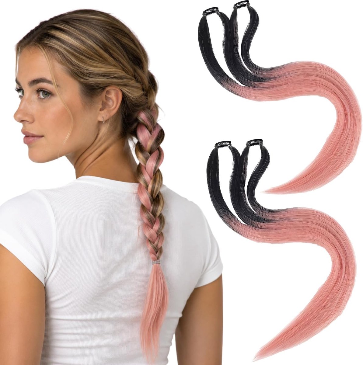 Clip-In Haar Extensions - bruin-zwart naar roze - oorbellenvormige highlights - perfect voor feest - ShopVlot