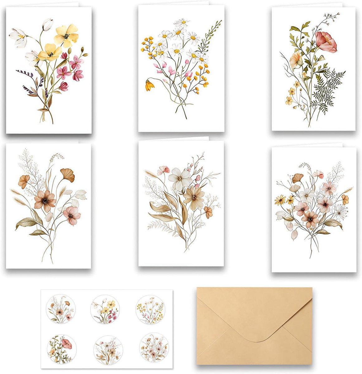 Wenskaarten set 12-delig - blanco kaarten 10 x 15 cm - bloemmotieven - gepersonaliseerde dankkaarten - ShopVlot