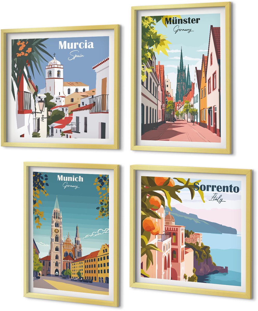 Coloray 4-Delige Schilderij Set - Europese steden in kleurrijke illustraties - 40 x 40 cm en 40 x 60 cm - Decoratieve Schilderijen - Woonkamer - Interieur