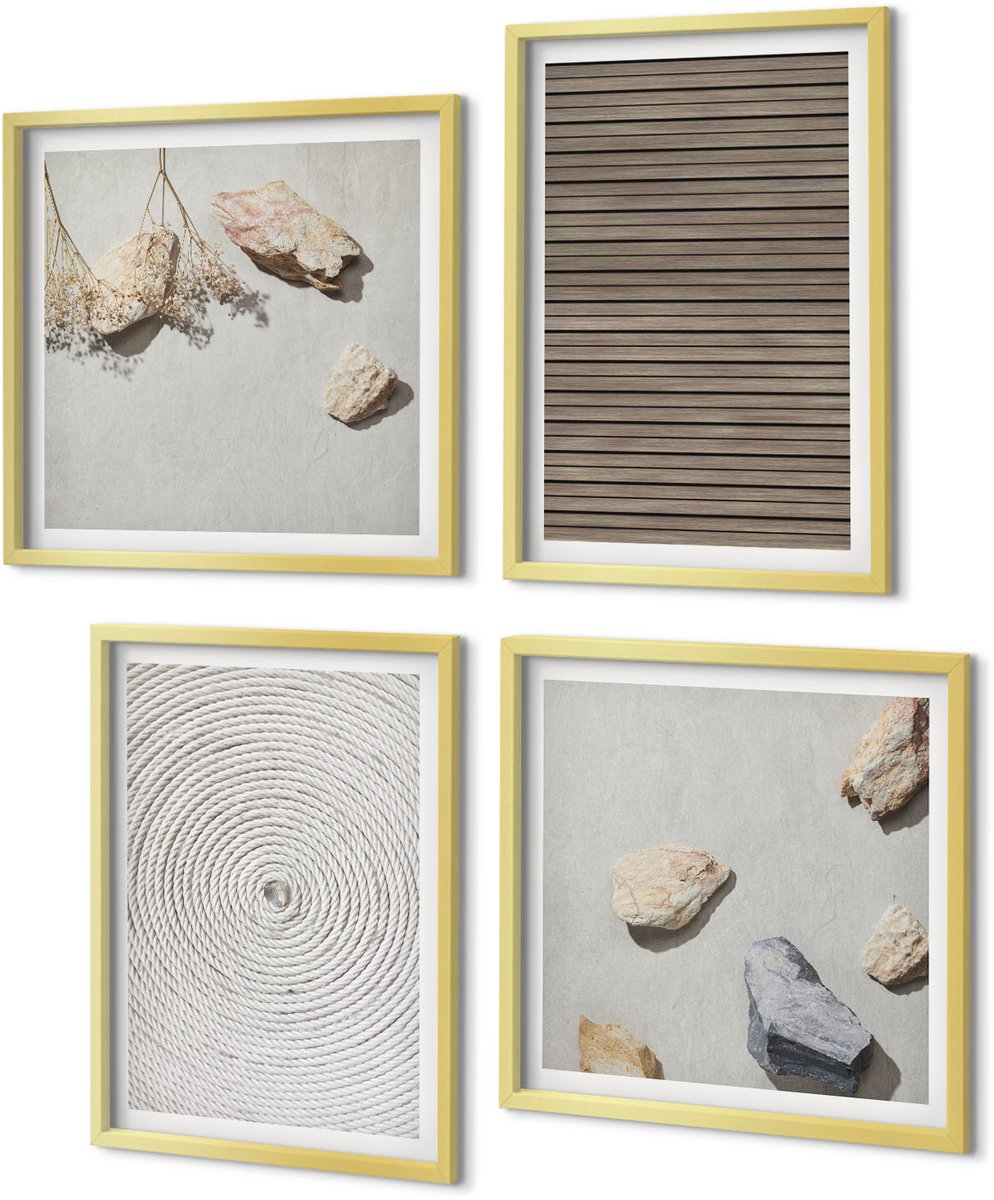Coloray 4-Delige Schilderij Set - Natuurlijke texturen: hout, stenen, touw - 40 x 40 cm en 40 x 60 cm - Muurdecoratie - Decoratieve Schilderijen - Wohnzimmer