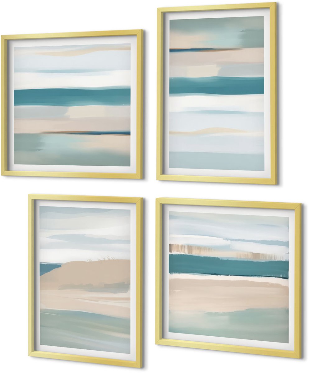 Coloray 4-Delige Schilderij Set - Abstracte landschappen in tinten blauw en beige. - 40 x 40 cm en 40 x 60 cm - Muurdecoratie - Schilderijen Set - Woonkamer - Decoratieve Schilderijen