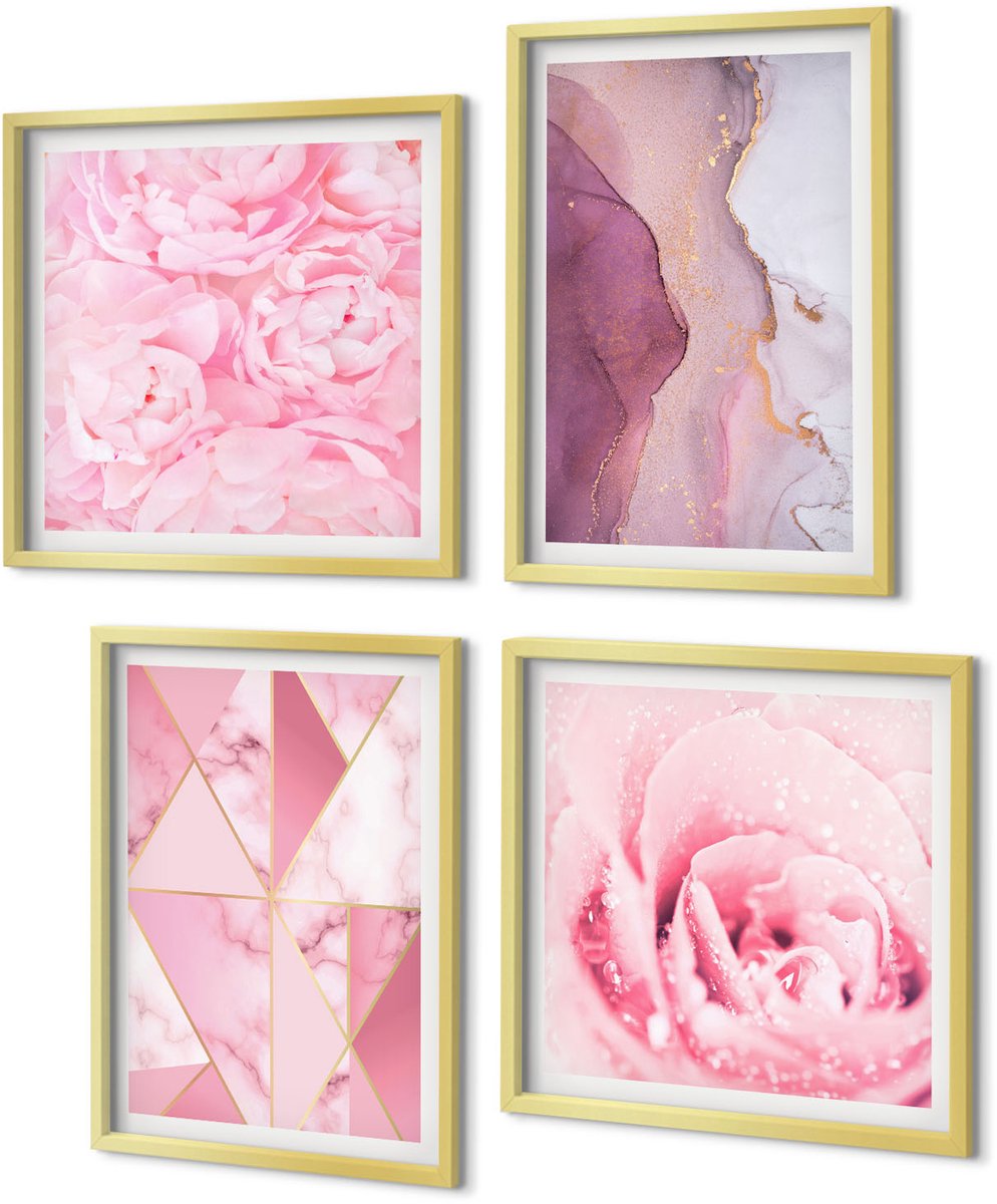 Coloray 4-Delige Schilderij Set - Roze pioenrozen met geometrische patronen - 40 x 40 cm en 40 x 60 cm - Wanddecoratie - Schilderijen Set - Interieur