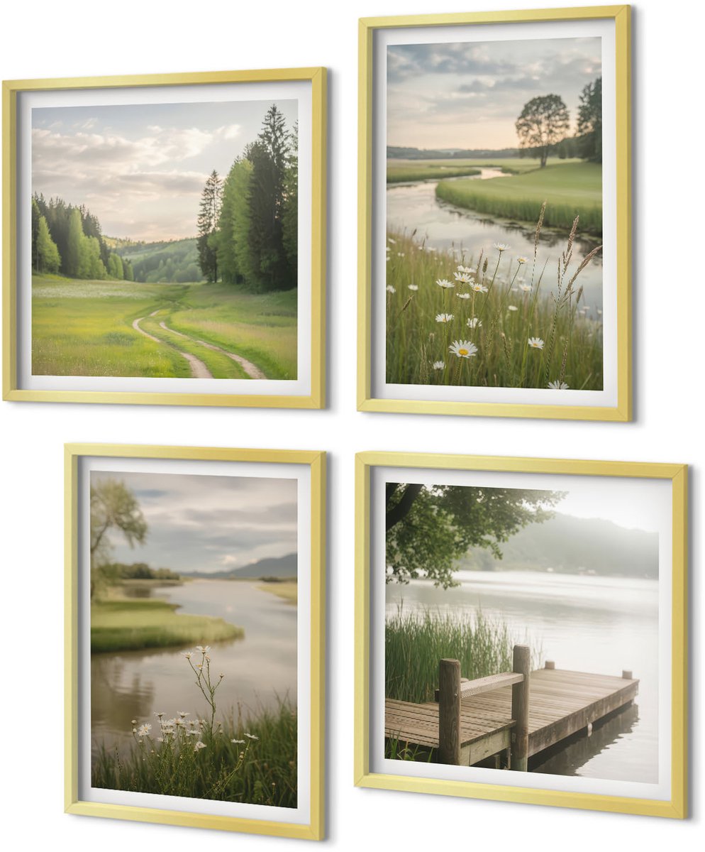 Coloray 4-Delige Schilderij Set - Vreedzame zomerlandschappen met een rivier en een bloemenweide - 40 x 40 cm en 40 x 60 cm - Stijlvolle Muurdecoratie - Kantoor