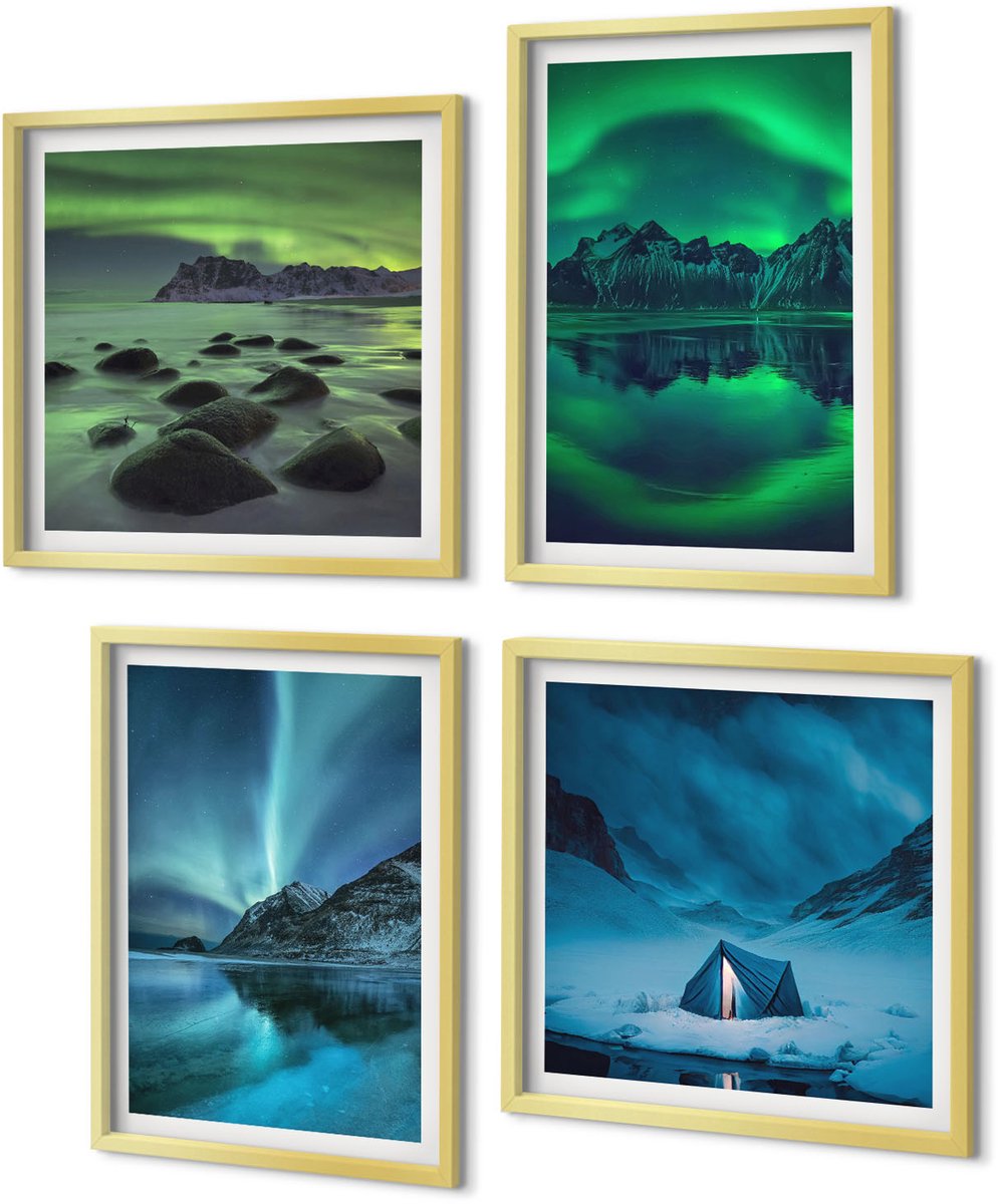 Coloray 4-Delige Schilderij Set - Winterlandschap met noorderlicht en bergen - 40 x 40 cm en 40 x 60 cm - Wanddecoratie - Muurdecoratie - Woonkamer - Interieur Decoratie
