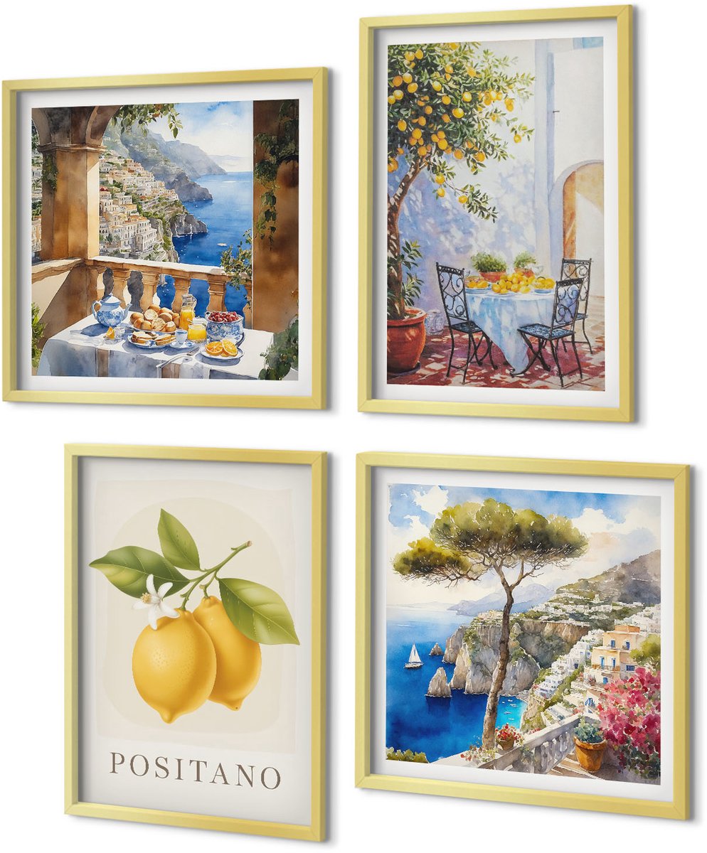 Coloray 4-Delige Schilderij Set - Uitzichten op Positano met citroenen - Italiaanse architectuur - 40 x 40 cm en 40 x 60 cm - Muurdecoratie - Wanddecoratie - Hal - Moderne Wanddecoratie