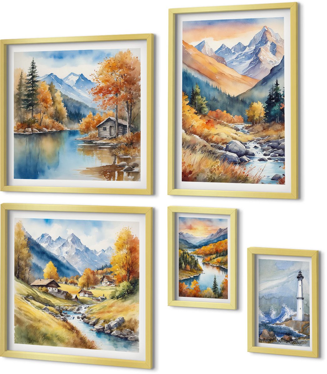 Coloray 5-Delige Schilderij Set - Berglandschappen Met Rivieren En Vuurtorens - 50 x 50 cm, 20 x 30 cm En 40 x 60 cm - Muurdecoratie - Interieur Decoratie - Woonkamer Decoratie