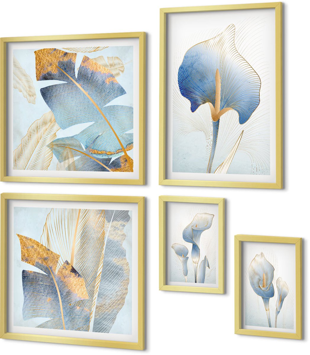 Coloray 5-Delige Schilderij Set - Stijlvolle Bloemen In Delicate Natuurlijke Tinten. - 50 x 50 cm, 20 x 30 cm En 40 x 60 cm - Wanddecoratie - Muurdecoratie - Woonkamer