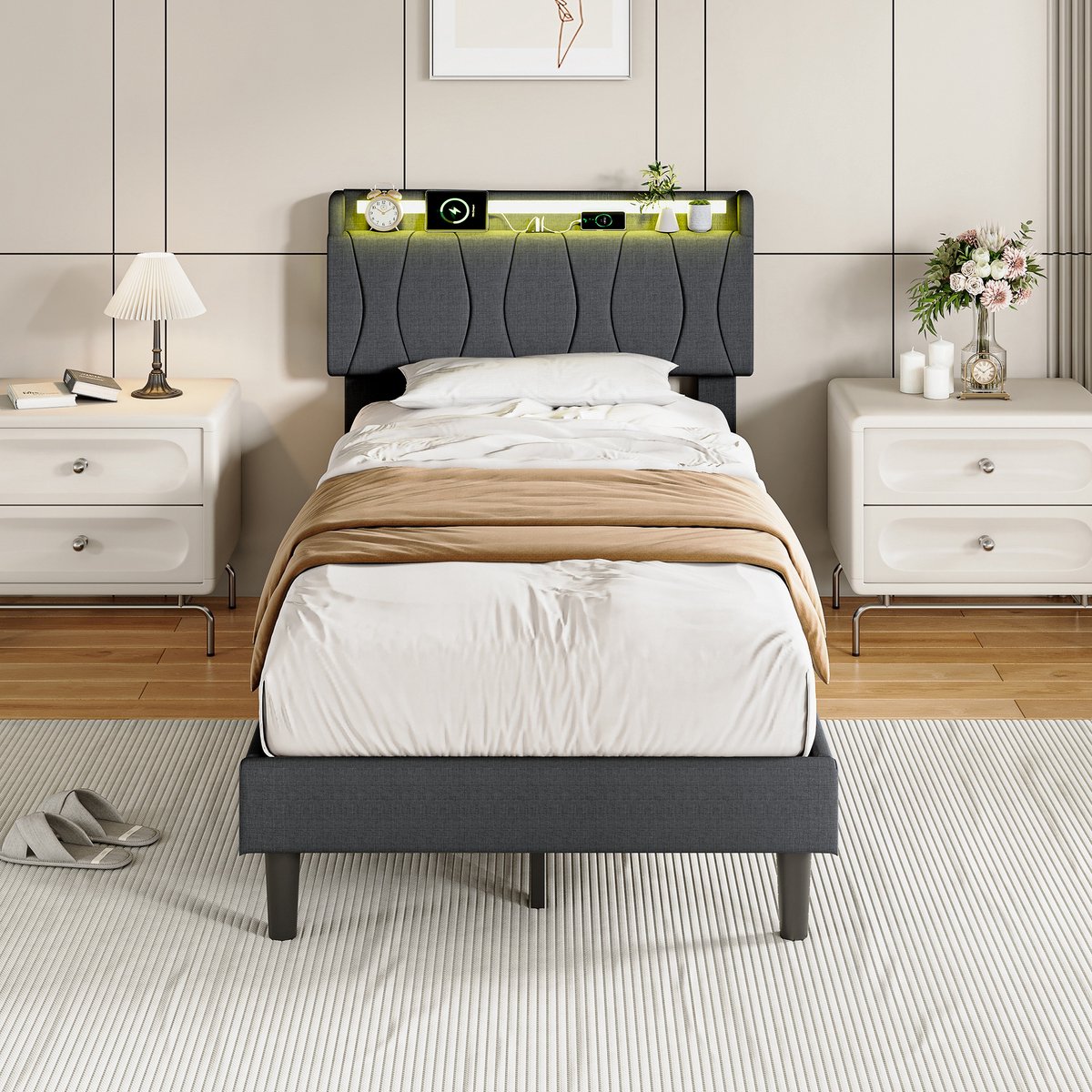Eenpersoonsbed 90x200 cm-Gestoffeerd Bed met LED-Hoofdbord met Opbergruimte-USB en USB-C-Oplaadstation-Tienerbed - Logeerbed-Linnen-Grijs