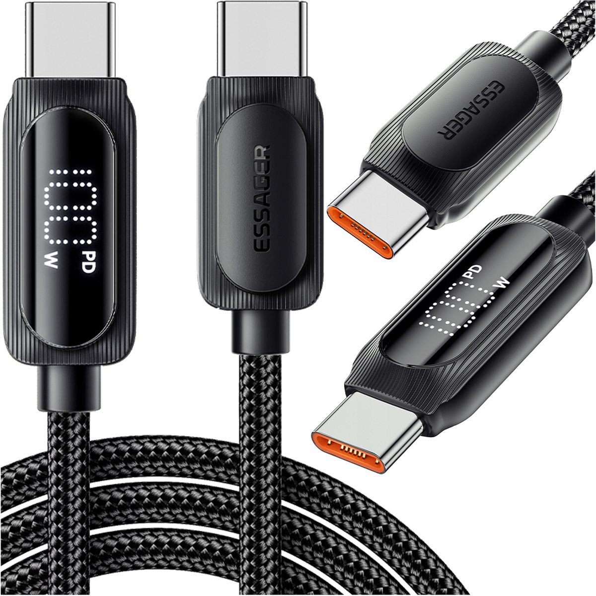 ESSAGER USB-C Kabel 100W PD 2m met LED Display voor Snel Laden