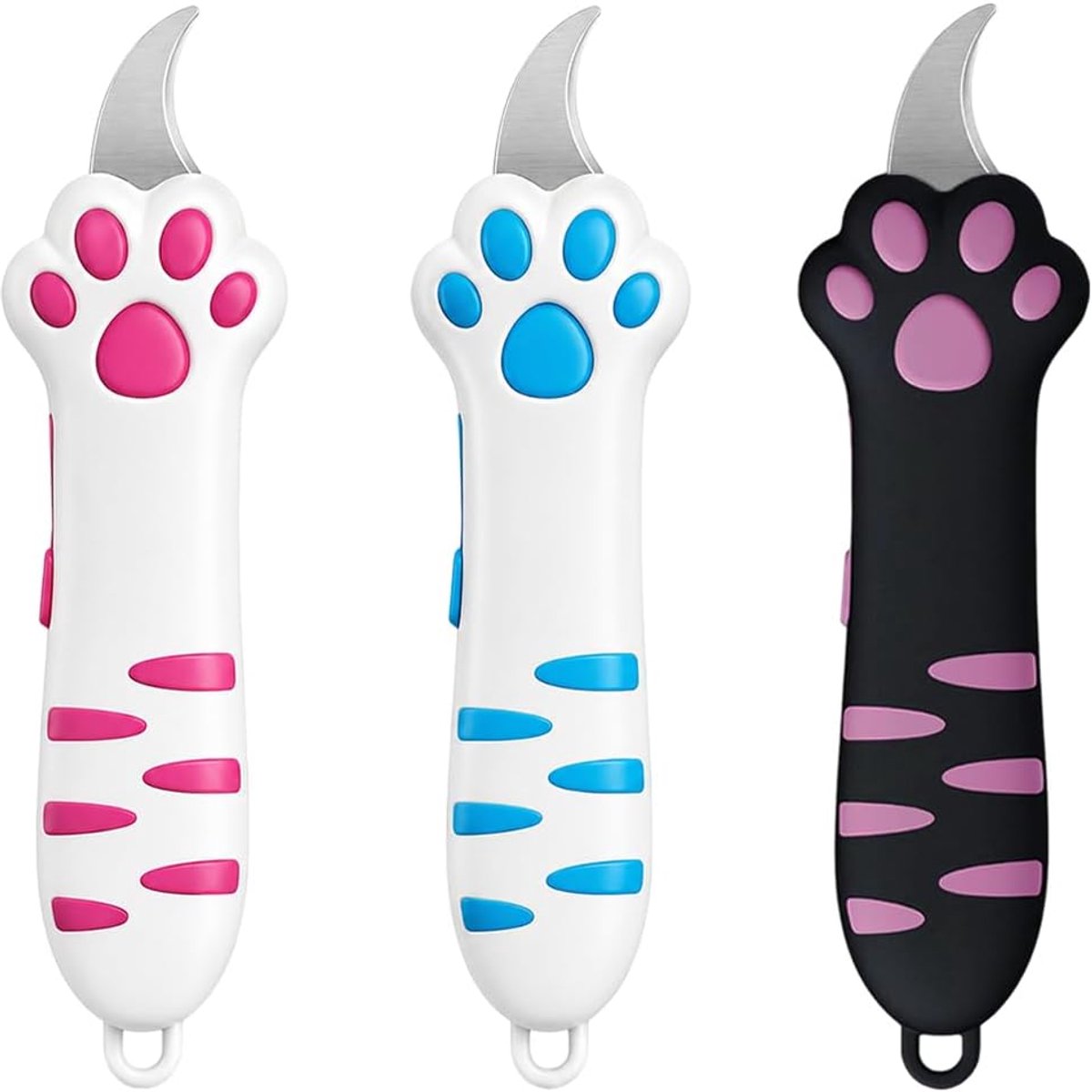 Set van 3 intrekbare dozenopeners, kattenpootdesign in roze, blauw en zwart, voor pakketten, enveloppen en brieven - ShopVlot