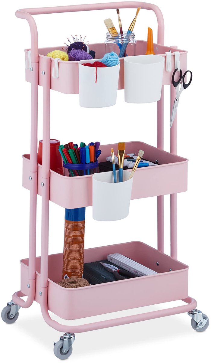Famanu – Keukentrolley met 3 etages, 2 remmen, smal en multifunctioneel, 86 x 38 x 39 cm, metaal, roze
