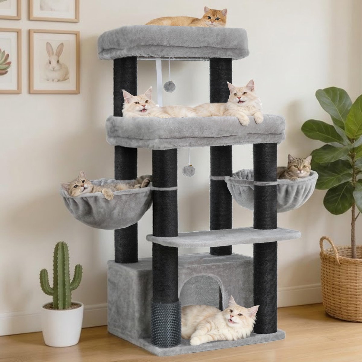 Famanu – Kattenboom voor grote katten en Maine Coons, met 8 cm dikke sisalkrabpalen, twee platforms en twee manden, lichtgrijs