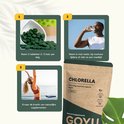 Collage met hoe Chlorella te gebruiken: een close-up van tabletten, een man die water drinkt, een vrouw die yoga doet, en een zak GOYU Chlorella.