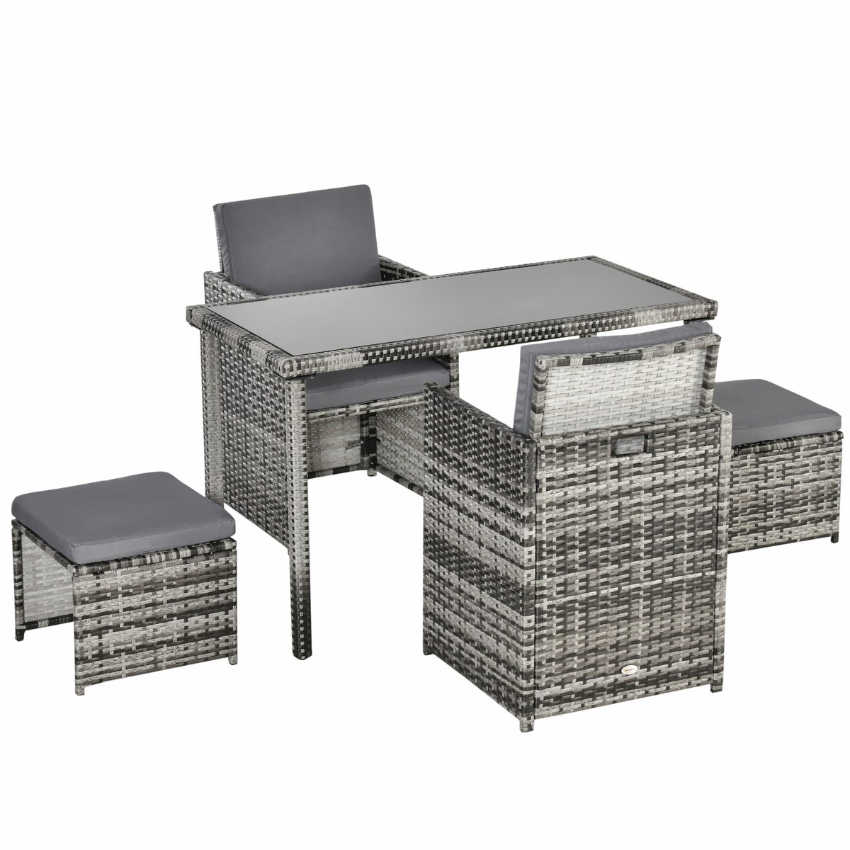 Tuinset van riet - voor 4 personen - twee fauteuils + twee krukjes - inclusief kussens - grijs