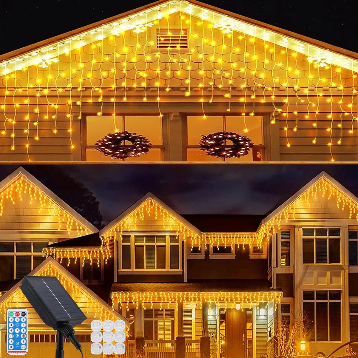 Solar LED Icicle Light Curtain Outdoor 10m 336 LED Icicles 8 Modes Remote Control Waterfall Outdoor Waterproof for - ShopVlot