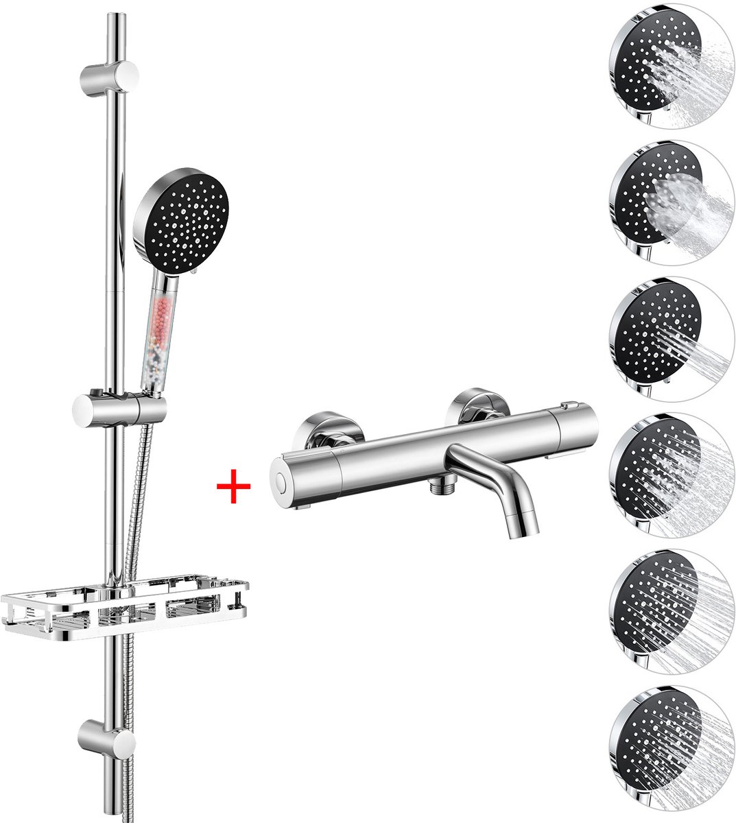Auralum Max Universal Thermostatische Badkraan - 150 mm hartafstand - Met CoolTouch technologie - 90 cm Glijstangset - Douchekop met 4 Filters - 6 Standen Handdouche - Inclusief Plankje - Waterbesparend - Chroom&Zwart