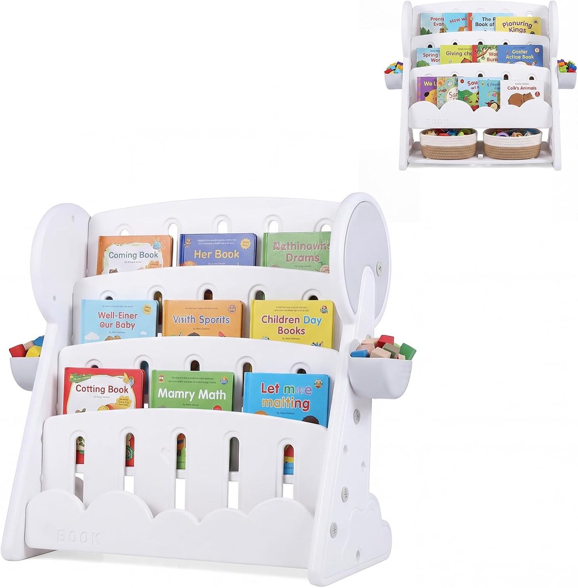 COSTWAY Kinderboekenkast met 4 niveaus, 2-in-1 kinderrek met 2 opbergdozen en omkeerbare plank, kinderboekenkast, om te zetten, speelgoedrek voor kinderkamer, speelkamer