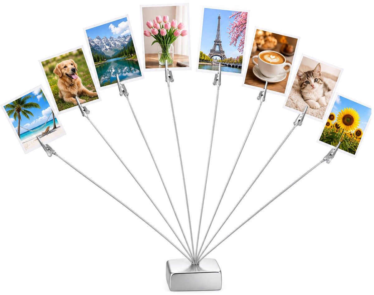 Fotohouder met 8 klemmen metalen fotostandaard notitieblok - ShopVlot