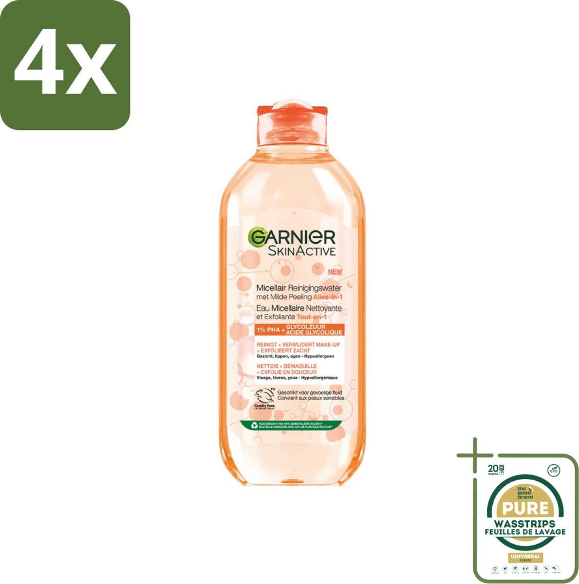 Garnier - SkinActive - Micellair Reinigingswater - Milde Peeling - Alles-in-1 - 400 ml - Voordeelverpakking - 4 stuks - Peeling - Gezichtsreiniger