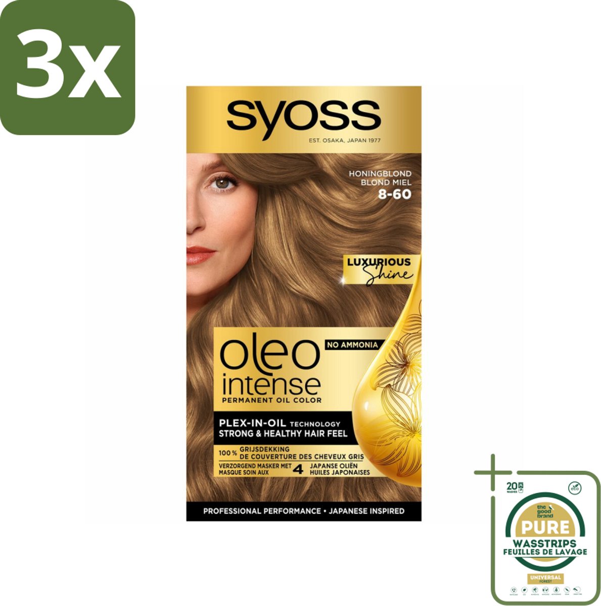 3 x SYOSS - Oleo Intense 8-60 Honing Blond - Haarverf - Zonder Ammoniak - Grijsdekking - Langdurige Kleur - Grootverpakking - Haarverf - Permanent Haarkleuring - Zonder Ammoniak - Grijsdekking - Haarkleur