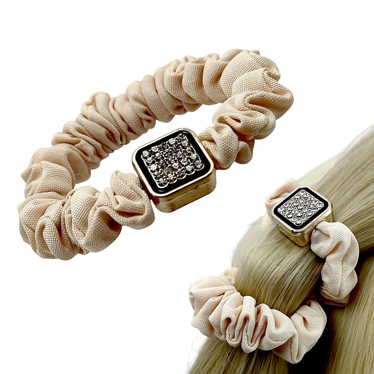 Elastische haarband met zirkonia steentjes, ecru