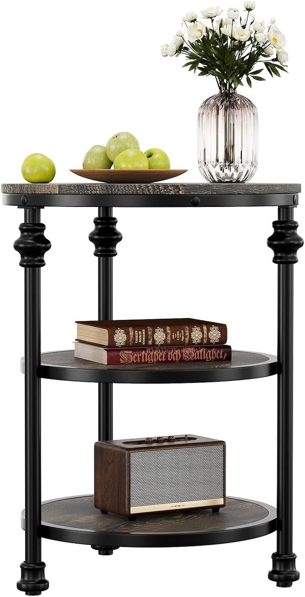 Ronde salontafel met 3 niveaus – Moderne industriële stijl met planken – Duurzaam hout en metaal – Perfect voor de woonkamer, slaapkamer of kleine ruimte – Donkere eiken afwerking