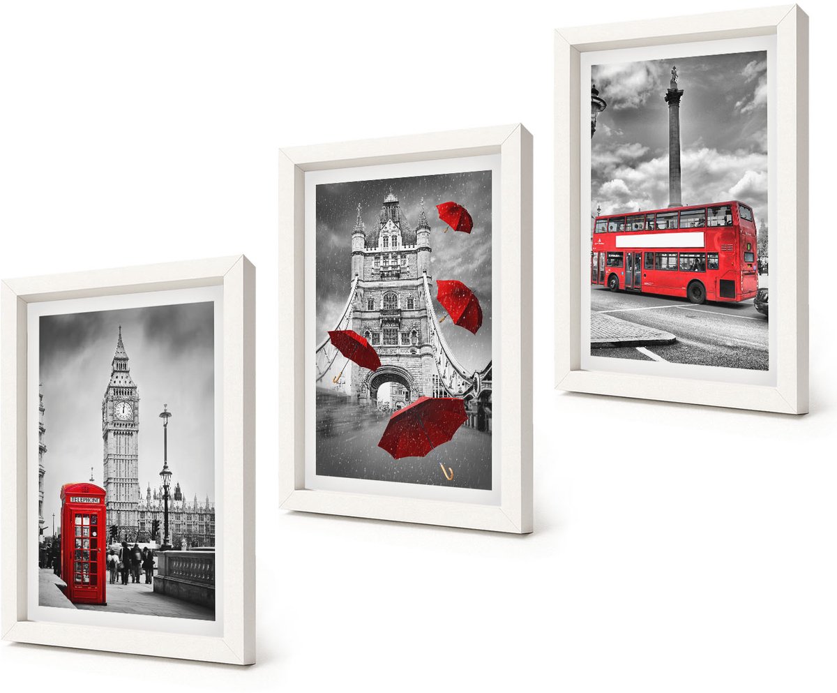 Coloray 3-Delige Schilderij Set - Uitzicht op Londen met een rode paraplu en een bus. - 20x30 - Wanddecoratie - Muurdecoratie - Moderne Interieurdecoratie