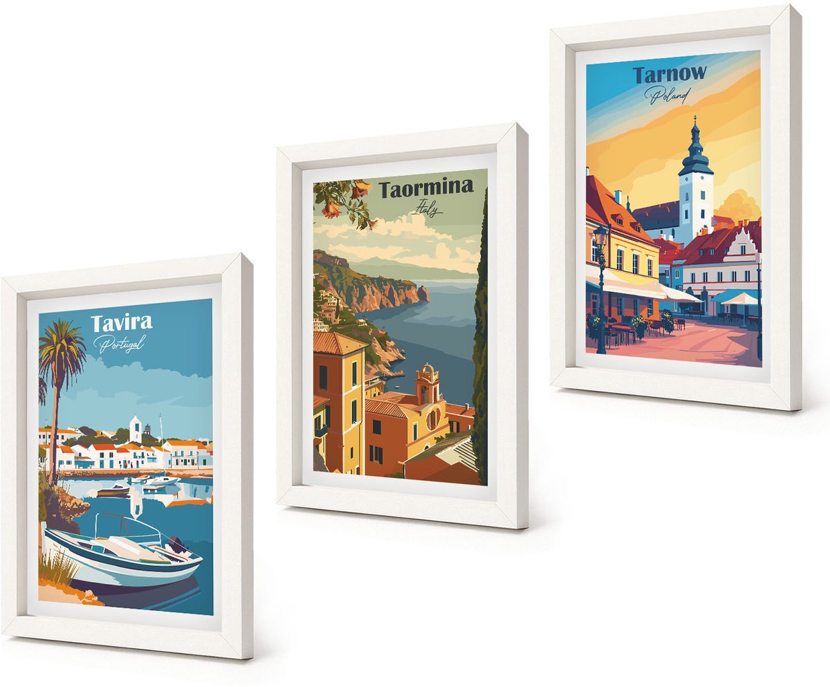 Coloray 3-Delige Schilderij Set - Uitzichten op kuststeden en hun architectuur - 20x30 - Schilderijen Set - Wanddecoratie - Woonkamer - Muurdecoratie