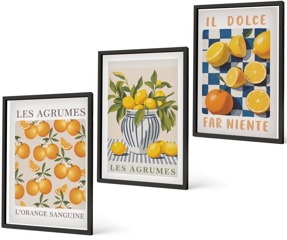 Coloray 3-Delige Schilderij Set - Retro Citrusvruchten Met Gele Accenten - 40 x 60 cm - Wanddecoratie - Muurdecoratie - Woonkamer - Interieur Decoratie