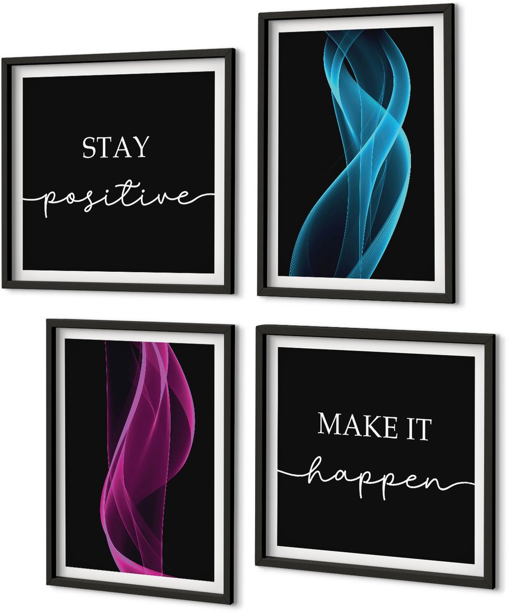 Coloray 4-Delige Schilderij Set - Golven Van Kleurrijke Neonlijnen Op Een Donkere Achtergrond - 40 x 40 cm En 40 x 60 cm - Wanddecoratie - Schilderijen Set - Kantoor - Interieur Decoratie Zwarte lijst
