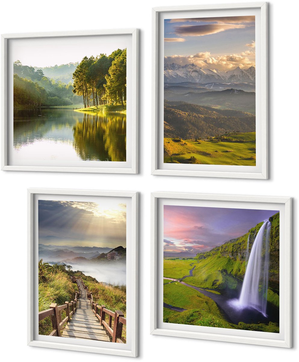Coloray 4-Delige Schilderij Set - Schilderachtige Berglandschappen Met Een Waterval En Een Pad. - 40 x 40 En 40 x 60 - Muurdecoratie - Decoratieve Schilderijen - Wohnzimmer - Interieur Decoratie