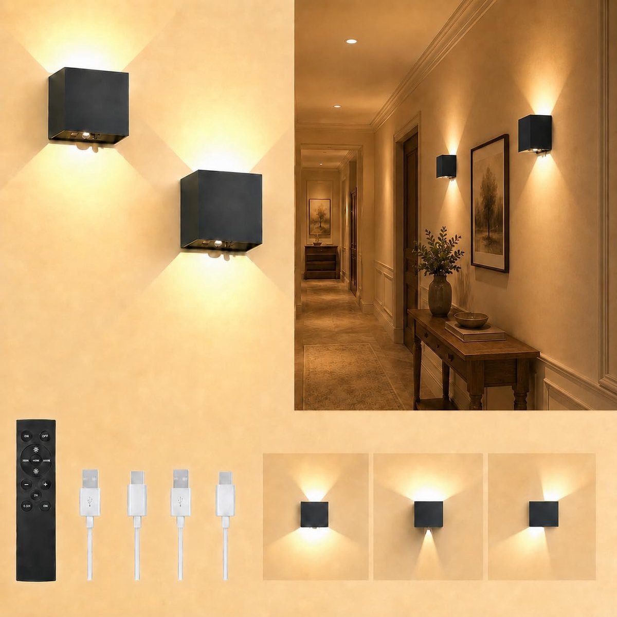KZQ Set van 2 oplaadbare wandlampen - Nachtlampjes - met bewegingssensor - 4000mAh batterij - 3 standen - 120° verstelbare lichtbundel - Afstandsbediening - Geschikt voor trappen en slaapkamers