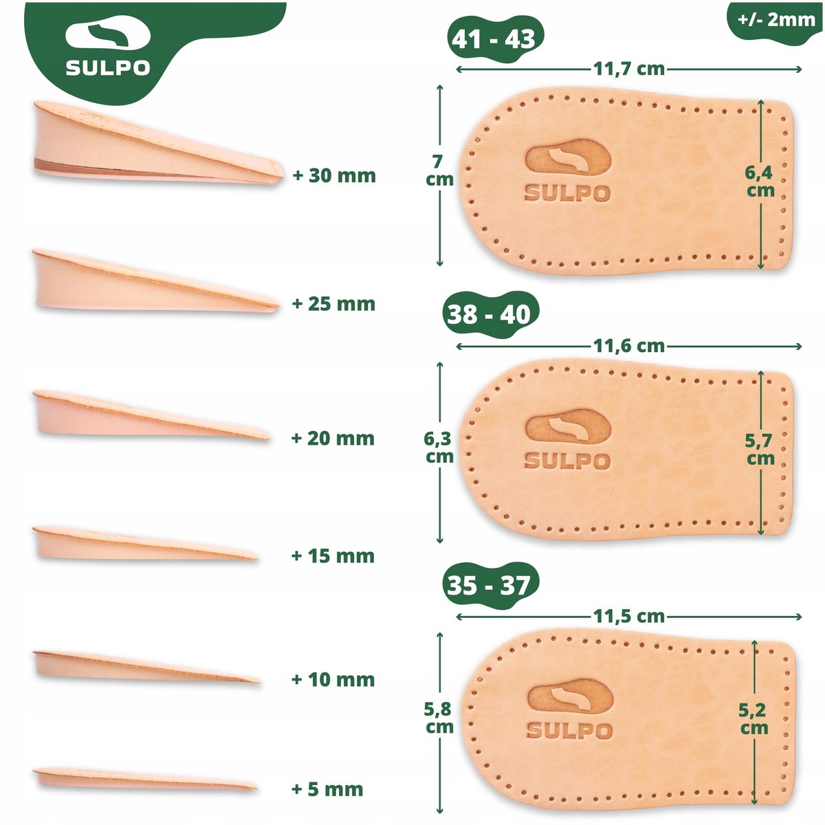 Verhogende inlegzolen van leer - 5 mm - Maat 38-40