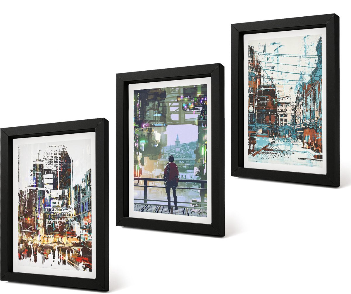 Coloray 4-Delige Schilderij Set - Moderne steden in kleur met een figuur op de achtergrond - 20 x 30 cm - Wanddecoratie - Muurdecoratie - Moderne Interieurdecoratie - Interieur Decoratie