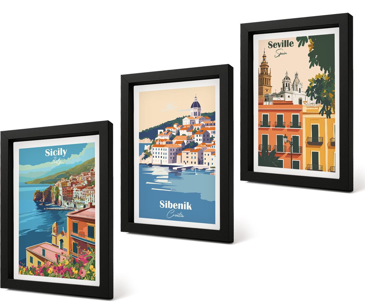Coloray 4-Delige Schilderij Set - Europese stadsgezichten met kleurrijke gebouwen - 20 x 30 cm - Moderne Wanddecoratie - Woonkamer - Muurdecoratie