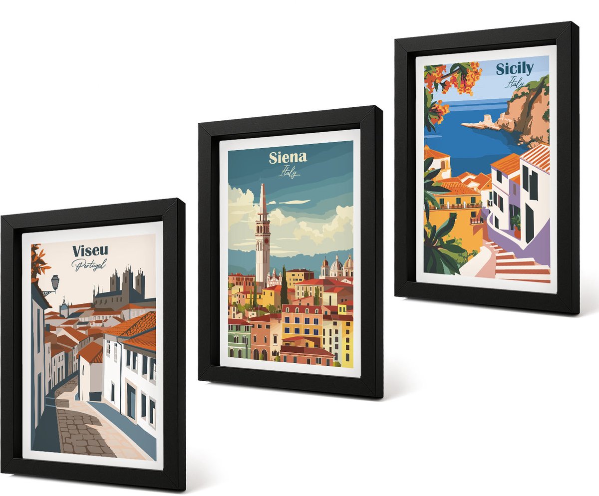 Coloray 4-Delige Schilderij Set - Retro-illustraties van beroemde steden over de hele wereld - 20 x 30 cm - Muurdecoratie - Wanddecoratie - Hal - Moderne Wanddecoratie