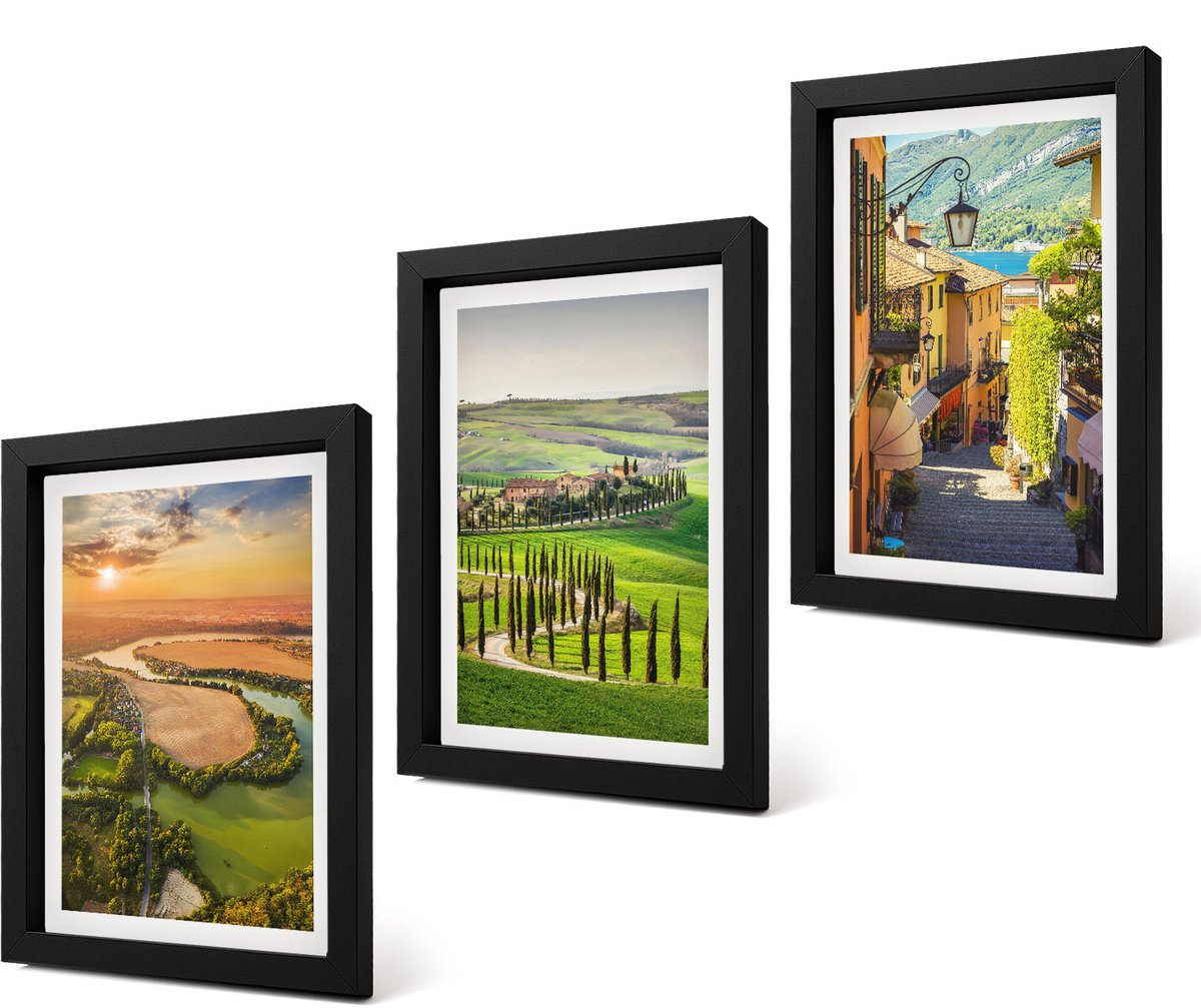 Coloray 4-Delige Schilderij Set - Italiaanse landschappen met een rivier, heuvels en een stadsstraat - 20 x 30 cm - Muurdecoratie - Decoratieve Schilderijen - Wohnzimmer - Interieur Decoratie