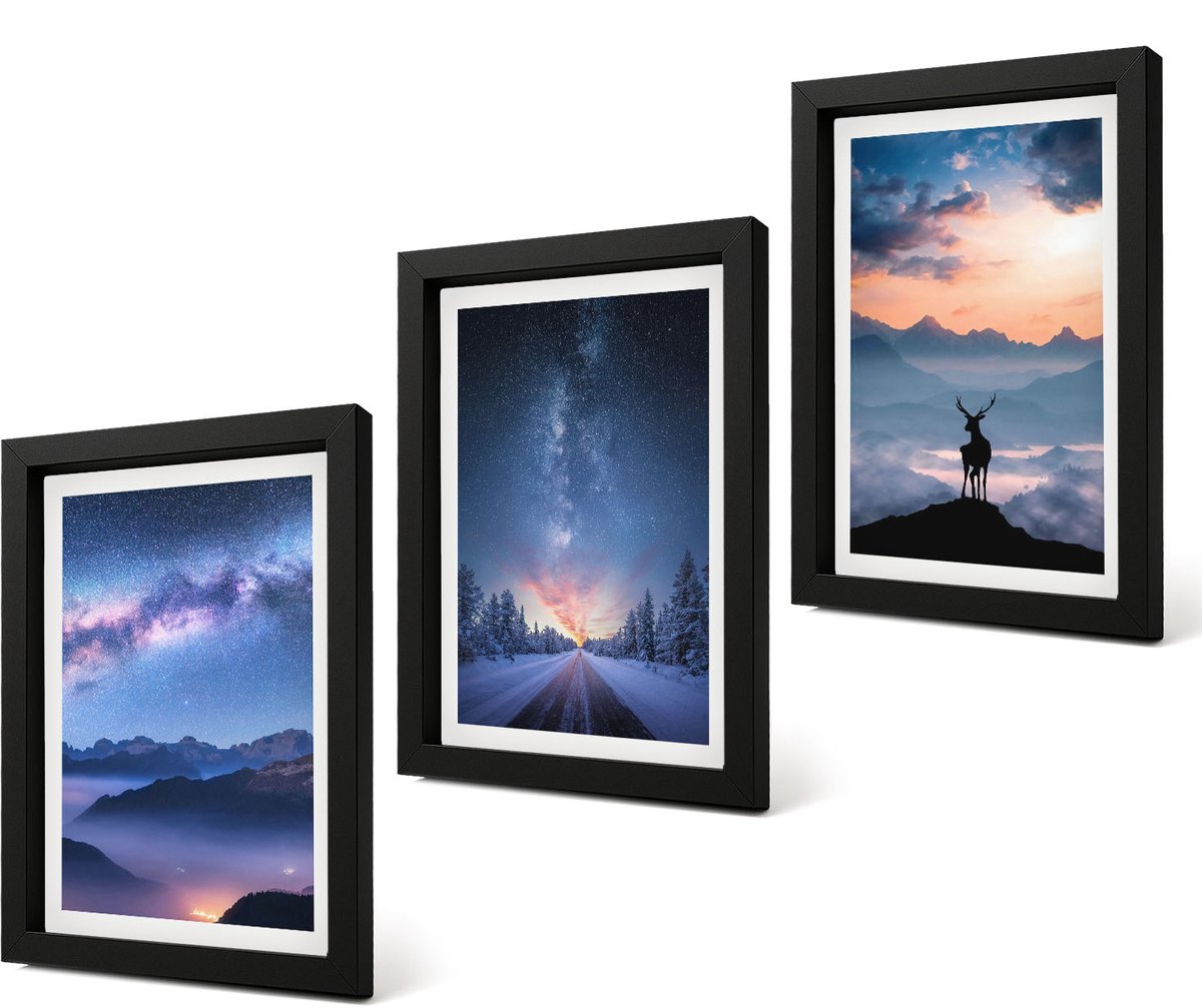 Coloray 4-Delige Schilderij Set - Nachtelijke hemel, berglandschappen in de mist en herten - 20 x 30 cm - Wanddecoratie - Woonkamer Decoratie - Decoratieve Schilderijen