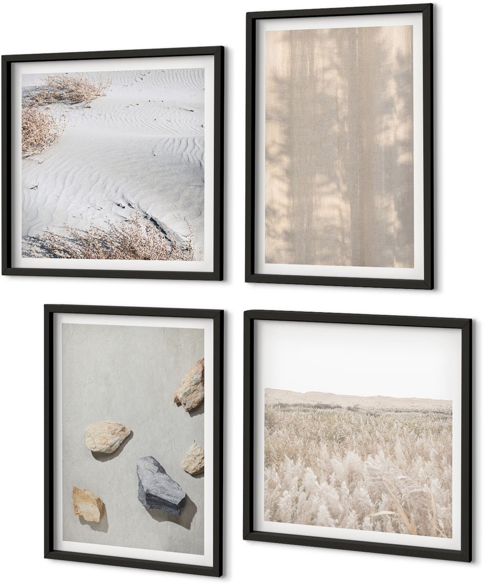 Coloray 4-Delige Schilderij Set - Boho-Texturen, Natuurlijke Structuren - 40 x 40 cm En 40 x 60 cm - Wanddecoratie - Moderne Interieurdecoratie - Woonkamer Decoratie Zwarte lijst