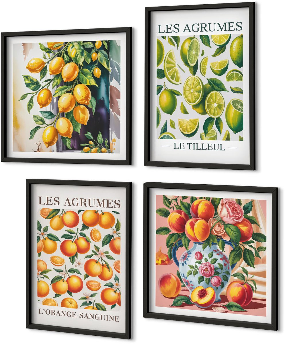 Coloray 4-Delige Schilderij Set - Citrusvruchten In Diverse Kleurrijke En Verse Varianten - 40 x 40 cm En 40 x 60 cm - Stijlvolle Wanddecoratie - Interieur - Woonkamer Decoratie Zwarte lijst