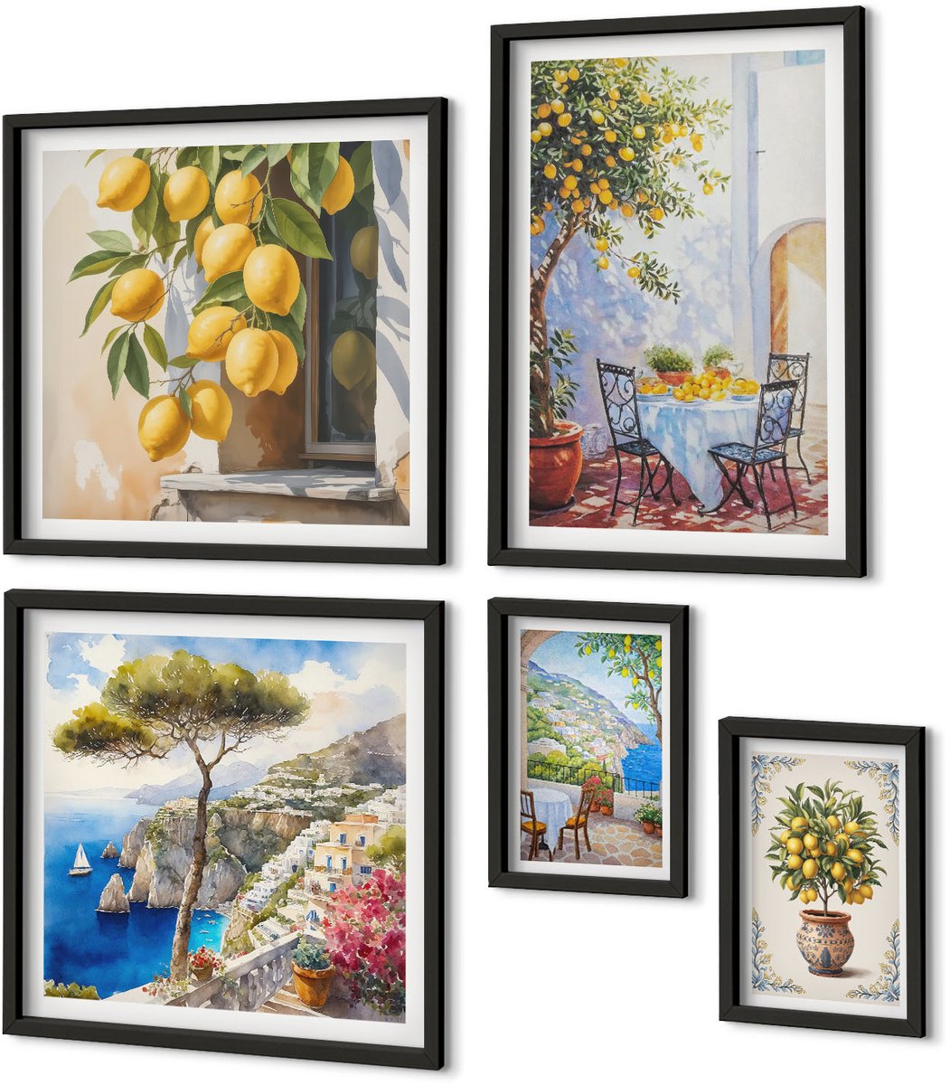 Coloray 5-Delige Schilderij Set - Citrusinspiratie In Een Zonnige Mediterrane Stijl - 50 x 50 cm, 20 x 30 cm En 40 x 60 cm - Stijlvolle Muurdecoratie - Slaapkamer - Interieur Decoratie Zwarte lijst