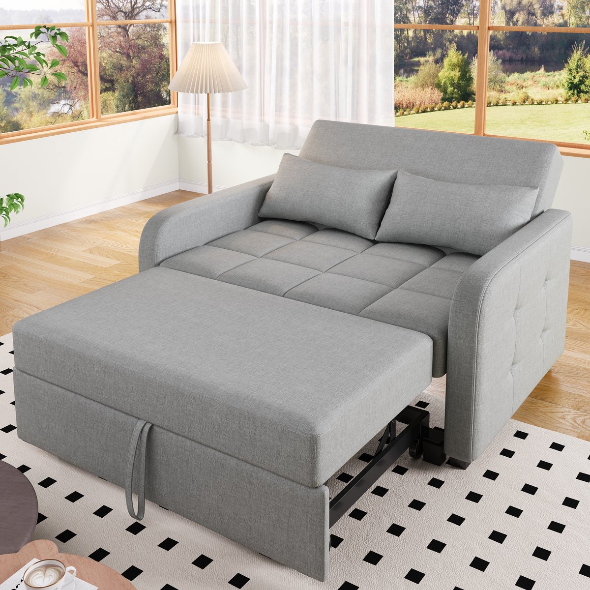 Uitklapbare slaapsofa met verstelbare rugleuning - compact voor kleine ruimtes - 180x127 cm - 2 personen - grijs - katoen-linnen stof - stevig houten en metalen frame - incl. 2 kussens